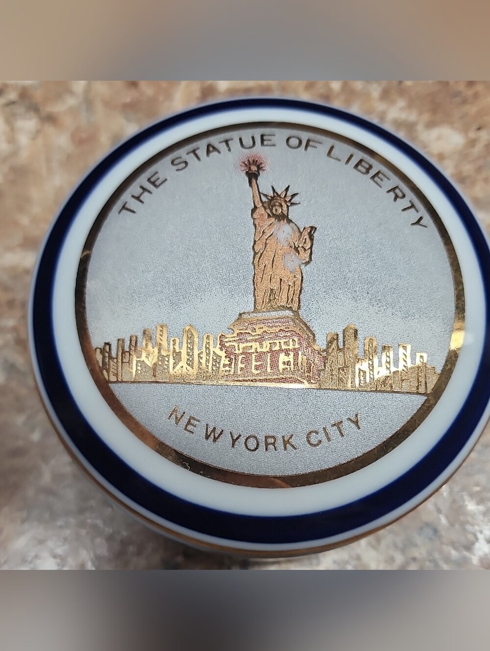 Statue of Liberty Decorative Trinket Box - Gold & Navy Accent